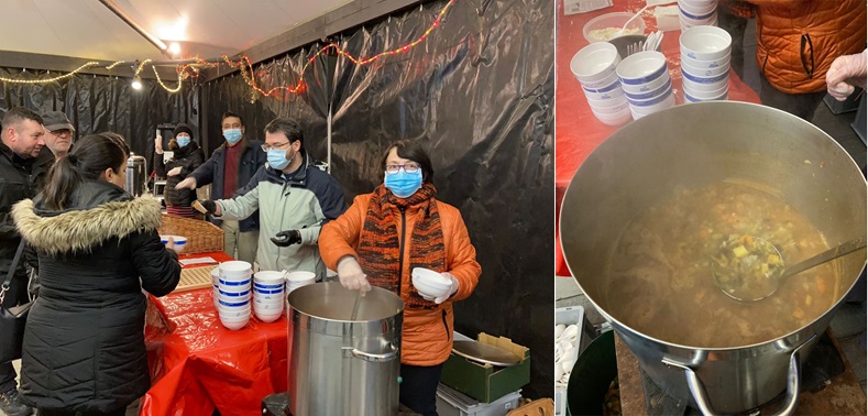 Les bénévoles en train de servir la soupe sur la place de la gare d'Yverdon
